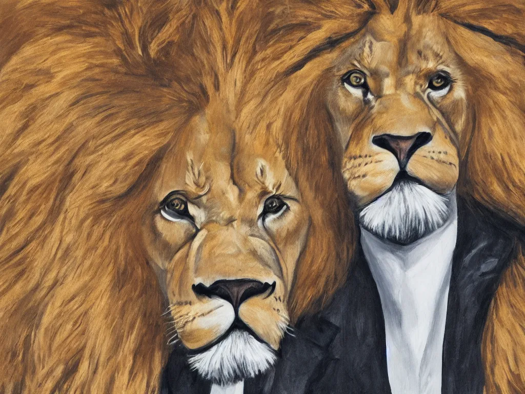 Image similar to an abstract portrait of an antropomorphic lion with a human face wearing a suit, photorealistic