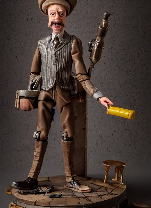 Image similar to product photography of a claymation action figure steampunk steve buscemi, depth of field, zeiss lens, detailed, centered, by erwin olaf, joop geesink, wes anderson, breathtaking, 8 k resolution, extremely detailed, beautiful, establishing shot, realistic materials, hyperrealistic