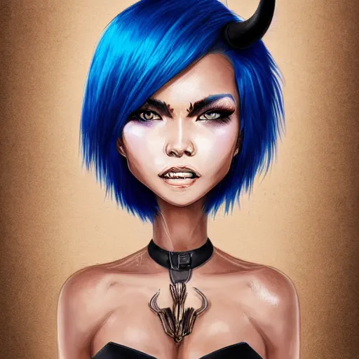 Image similar to illustrated realistic portrait of swept-back prong-horned devil woman with blue bob hairstyle and her tan colored skin and with solid black eyes wearing leather by rossdraws