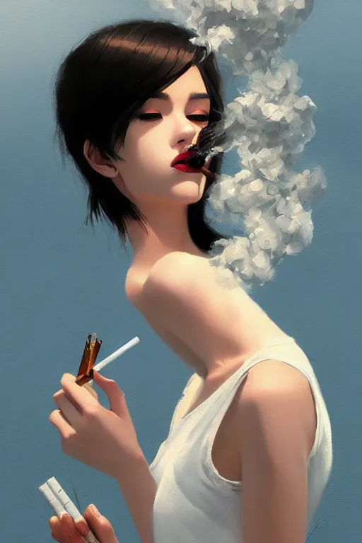 Image similar to A ultradetailed beautiful panting of a stylish woman smoking a cigarette, Oil painting, by Ilya Kuvshinov, Greg Rutkowski and Makoto Shinkai