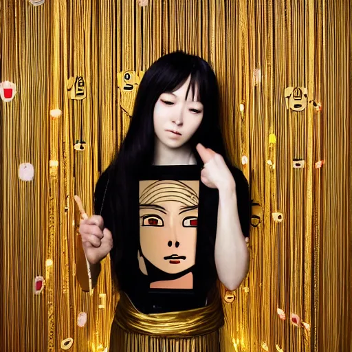 Image similar to An anime female goddess stands for a waist up portrait with her body sightly wrapped in thin gold wire creatively arranged so as to look like Emoji tattoos, in an empty Japanese Shoji home, hyper photo realistic 8K HD HDRI, photo by Annie Leibovitz.