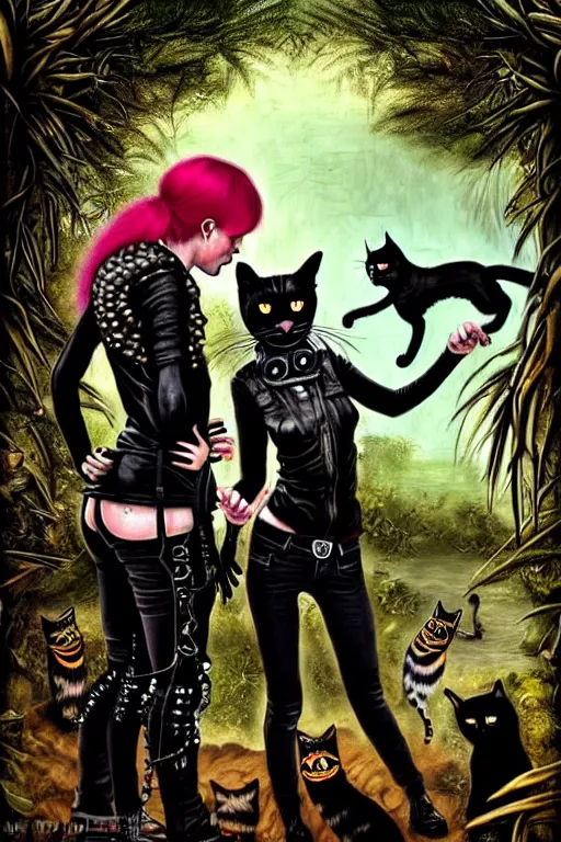 Image similar to punk rock girls making selfie with black cats in jungle , 1980 style, mad max jacket, post apocalyptic, Cyberpunk, renaissance, Gothic, mystic, highly detailed, digital painting, 4k, oil painting by Leonardo Da Vinci, hyper realistic style, fantasy by Olga Fedorova