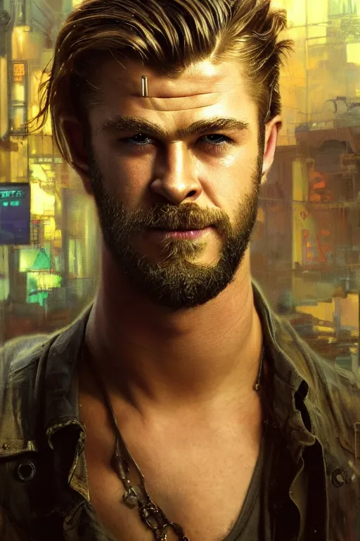 Image similar to hyperrealist cyberpunk portrait of a young ducktail bearded middle eastern chris hemsworth, it is decorated with long computer wires and computer monitors in the cyberpunk office background. by jeremy mann and alphonse mucha, fantasy art, photo realistic, dynamic lighting, artstation, poster, volumetric lighting, very detailed faces, 4 k, award winning