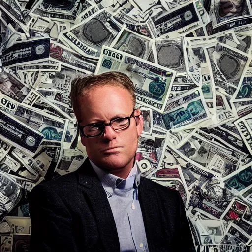 Prompt: stunning beautiful photography of Mike Blazer like a boss under the rain of 100 us dollar bills, from a Times magazine award winning, dramatic lighting, taken with Sony alpha 9, sigma art lens