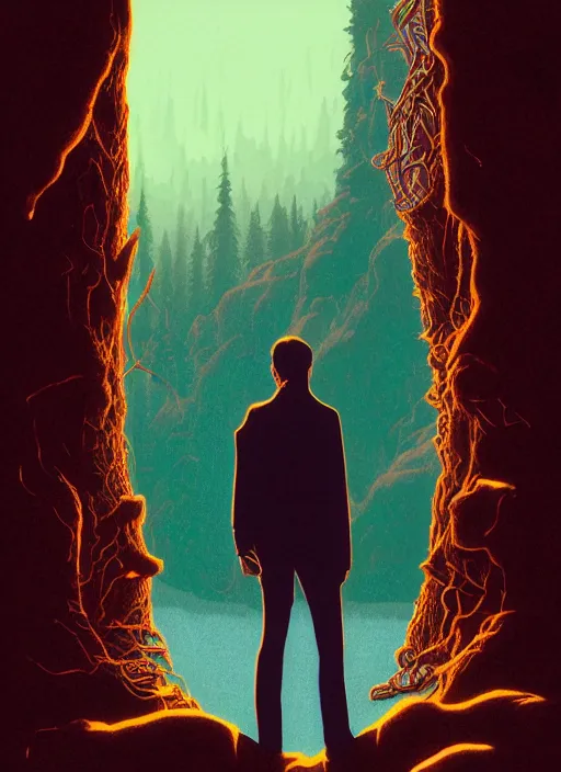 Prompt: Twin Peaks poster artwork by Michael Whelan and Tomer Hanuka, Karol Bak, Rendering of Leo with a cage of tarantulas, from scene from Twin Peaks, clean, full of details, by Makoto Shinkai and thomas kinkade, Matte painting, trending on artstation and unreal engine