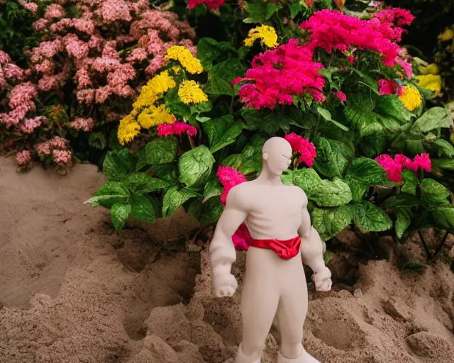 Image similar to 8 5 mm food photography of one punch man near a garden with sand with dof and bokeh and flowers o