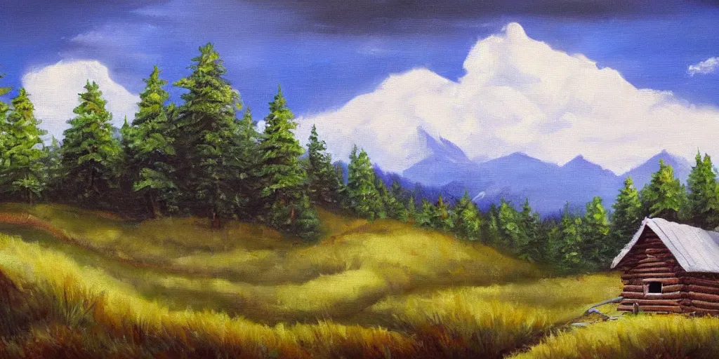 Prompt: a log cabin on a windy hillside, style of bob ross, oil painting,