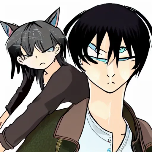 Image similar to grumpy anime boy with black hair glares at tabby cat perched on his shoulder, highly detailed, high definition, anime style