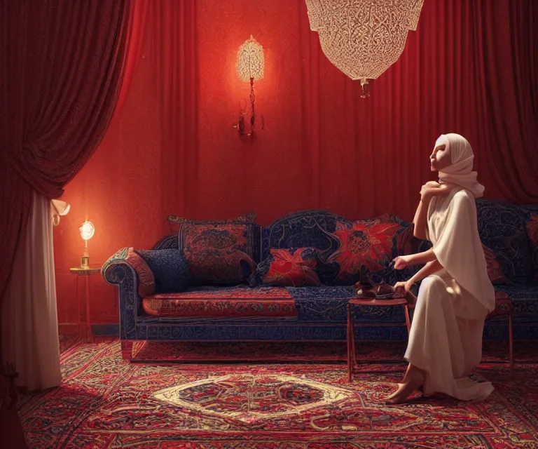 Image similar to arabic living room by charlie bowater and anna dittmann and artgerm and clemens ascher, intricate, elegant, red and white and navy blue, highly detailed, dramatic lighting, sharp focus, octane render, trending on artstation, artstationhd, artstationhq, unreal engine, 4 k, 8 k