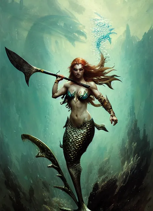 Image similar to a fierce mermaid warrior under water, fantasy character portrait, ultra realistic, concept art, intricate details, highly detailed by greg rutkowski, gaston bussiere, craig mullins, simon bisley