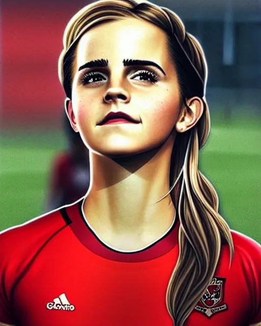 Image similar to a portrait of emma watson as a lokomotiv football player, hyper realistic