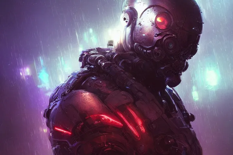 Prompt: portrait sci-fi art by Greg Rutkowski and Ruan Jia and artgerm, a glowing alien liquid metal orb floating above the hand of a soldier, solar flares, futuristic environment, detailed and intricate environment, fractal biomech, cyberpunk, neon color, purple bioluminescence, chrome, dramatic lighting, cinematic, high technology, highly detailed portrait, digital painting, artstation, concept art, smooth, sharp focus, ilustration, Artstation HQ