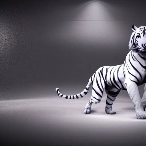 Image similar to a low - poly render of an all white tiger with no stripes in a dynamic action pose dwelling in the spirit realm, low poly 3 d, octane render, dramatic dreamlike lighting, all white render, no textures, angular energetic background elements, angular dynamic white rock floor, artgerm, unreal