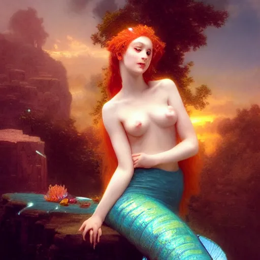 Image similar to a beautiful stunning interesting detailed fantasy whimsical matte digital portrait illustration of a mermaid with turqoise hair, yellow-orange and red-violet sunset, spectacular sunset, in the style of William Adolphe-Bouguereau and Marc Simonetti and Ross Tran, magic the gathering, trending on artstation hq, contest winner