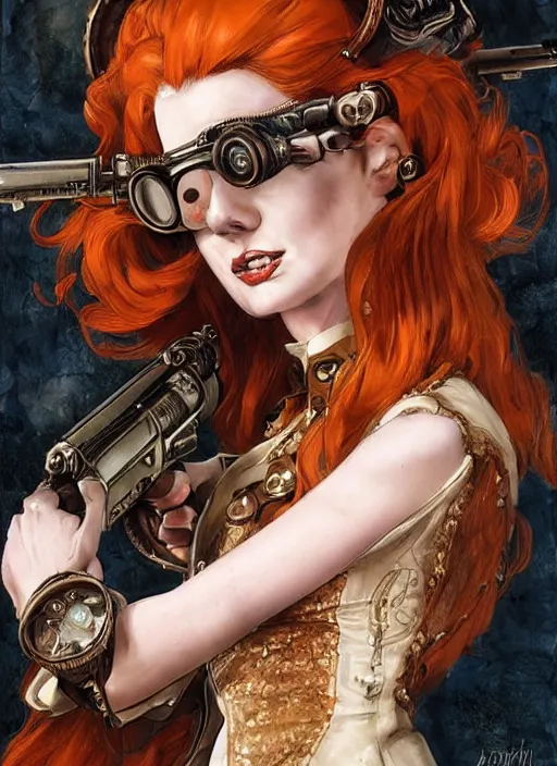 Image similar to 8K, realistic ginger Lady Mechanika in a Comic Book cover, holding a shotgun, and wearing victorian goggles in a ultradetailed Steampunk scenary, smooth, sharp focus, illustration. Art by Artgerm and Peter Andrew Jones and Pete Tapang and Alina Ivanchenko and Hirokazu Yokohara and Kago Shintaro. Trending on artstation, featured in Deviantart, Wallhaven Wallpaper, sharp focus, D&D, detailed, intricate, cinematic lighting,