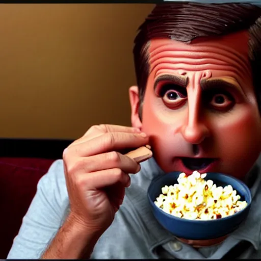 Image similar to steve carrell eating a bowl of popcorn, front facing, realistic, hyperrealistic, ultra realistic, real, real world, highly detailed, very detailed, extremely detailed, intricate details, 8 k resolution, hd quality