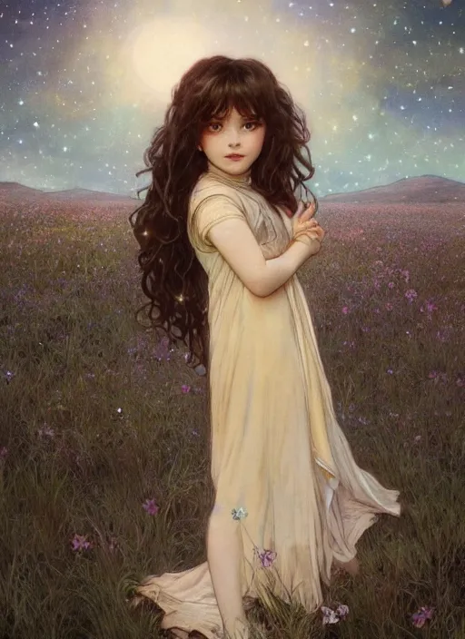 Image similar to A cute little girl with short curly brown hair. She is standing in a field at night looking up and the sky is filled with constellations. beautiful fantasy art by By Artgerm and Greg Rutkowski and Alphonse Mucha, trending on artstation.