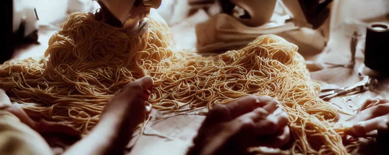 Image similar to a seamstress sewing a dress made of spaghetti, high detailed face, canon 5 0 mm, cinematic lighting, photography, retro, film, kodachrome, closeup