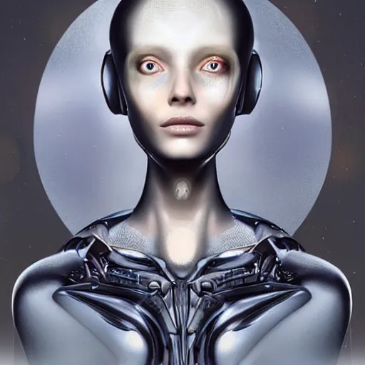 Image similar to A young beautiful female extraterrestrial-cyborg face with a very long neck, big clear eyes, thin nose, big lips, hair floating in the wind:: alien is from the future, Realistic, Refined, Detailed Digital Art, Pre-Raphaelite,Renaissance, Highly Detailed, Cinematic Lighting, rim light, black and white, photo-realistic Unreal Engine, 8K