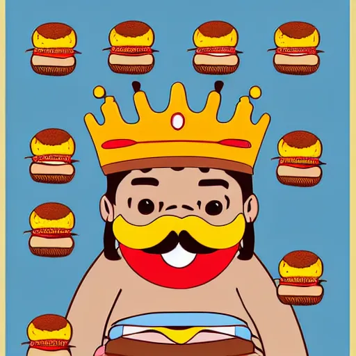 Prompt: a burger king sitting on a throne, bushy mustaches, long hair, royal, digital art, illustration