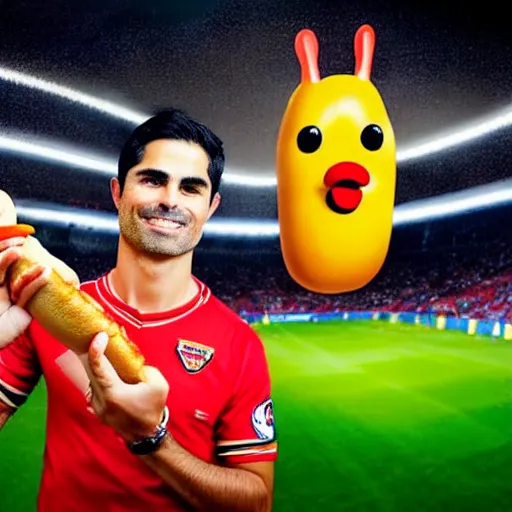 Image similar to a promo portrait of mikel arteta holding a delicious hot dog with mustard and ketchup up to the camera, happy, hyper detailed, fisheye lense, reuters