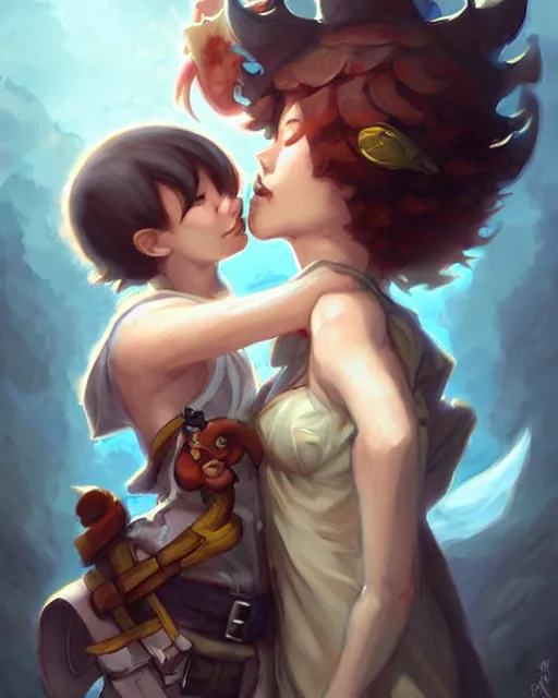 Prompt: cute little anthropomorphic akechi and makoto kissing, cute and adorable, pretty, beautiful, dnd character art portrait, matte fantasy painting, deviantart artstation, by jason felix by steve argyle by tyler jacobson by peter mohrbacher