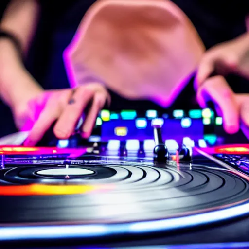 Image similar to DJ Bhumibol spinning turntables during edm concert, photo, close-up, high quality