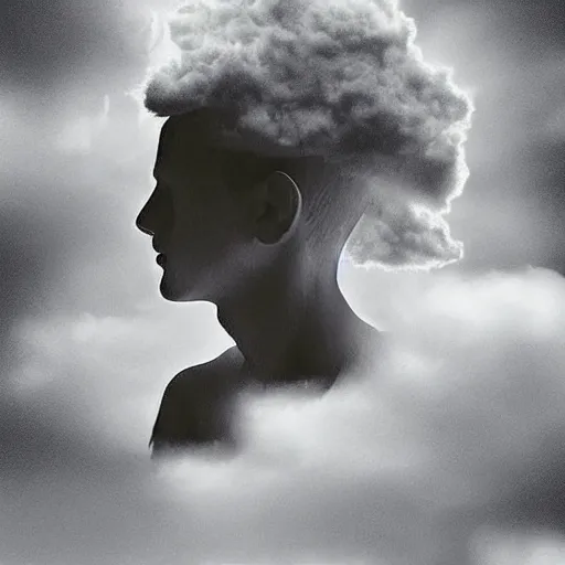 Prompt: A character with a cloud on his head, raindrops instead of tears, disheveled thoughts, the subtle existence of reality in time, a beautiful face, a sweet smile, gray shades