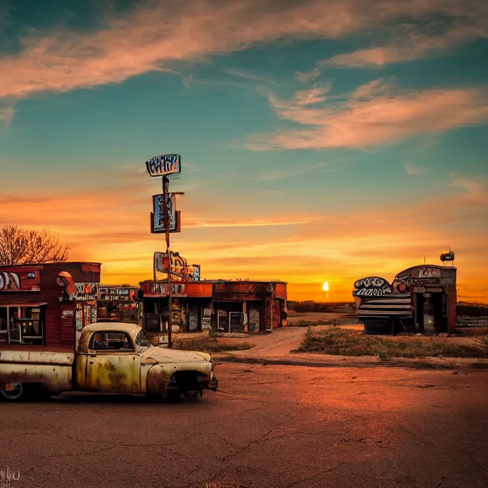 Image similar to a sunset light landscape with historical route 6 6, lots of sparkling details and sun ray ’ s, blinding backlight, smoke, volumetric lighting, colorful, octane, 3 5 mm, abandoned gas station, old rusty pickup - truck, beautiful epic colored reflections, very colorful heavenly, softlight