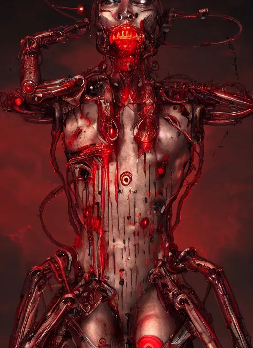 Prompt: cyborg goddess face, red liquid dripping from above, 8k details, high details, sinister vibe, dark room, many wires attached to her, rib cage exposed, bodies in the back, menacing look, octane render, hyper realistic by h.r. giger and peter mohrbacher