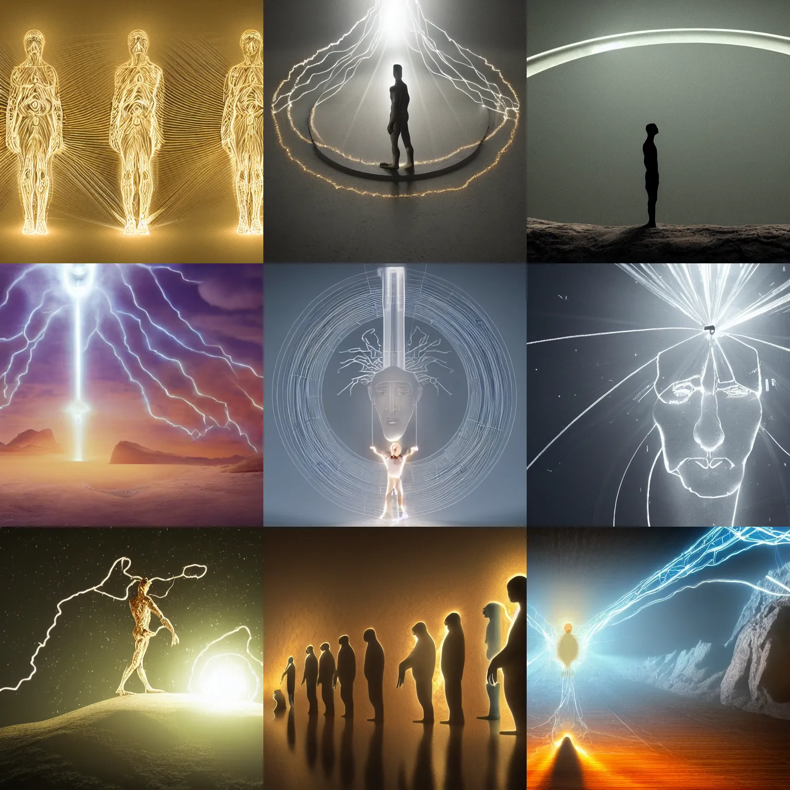 Prompt: all the steps of the evolution of man, shown over a line, under supervision of the lord, the lord looks, the lord connects using a wire made of light. symbolic picture, raytracing, dreamy, sharp focus, cinematic lighting, highly detailed, artstation, divine, by gauthier leblanc, kazuya takahashi, huifeng huang, michael angelo