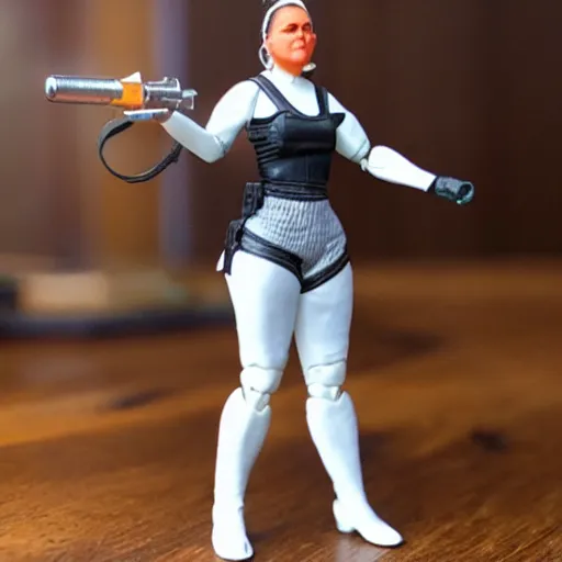 Prompt: 3d printed action figure of Paquita la del barrio holding a gatling gun