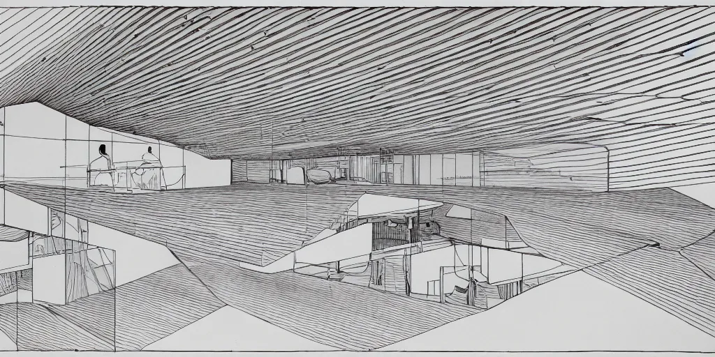 Prompt: modernist interior, seen from above, by René Laloux, line brush, line drawing