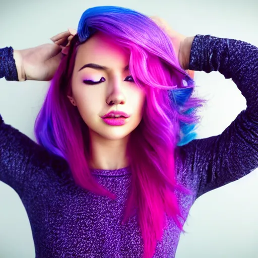 Image similar to a award winning full body shot of a beautiful woman in a croptop with a ombre purple pink teal hairstyle with head in motion and hair flying, outrun, vaporware, vivid colors, highly detailed, fine detail, intricate