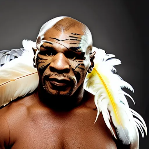 Image similar to uhd mike tyson with feathers and a beack, resembling a chicken