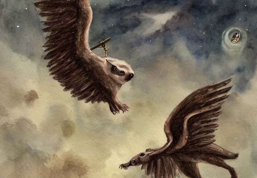 Image similar to epic winged possum flying over a medieval castle under a dark starred sky, dark fantasy, watercolor, dreaming illusion, highly detailed, 4k, trending on Artstation, award-winning