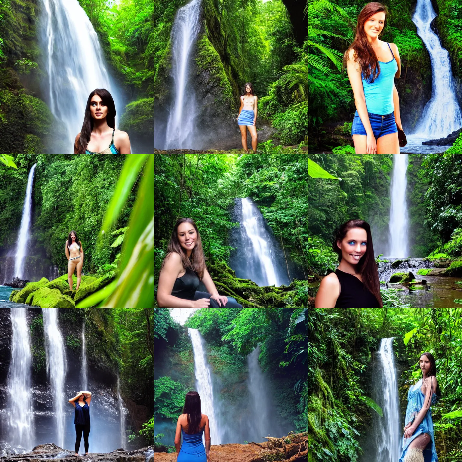 Prompt: A beautiful blue-eyed brunette woman, amazon forest and waterfall in the background