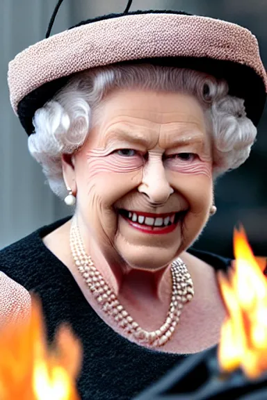 Image similar to queen Elizabeth smiling and waving while on fire