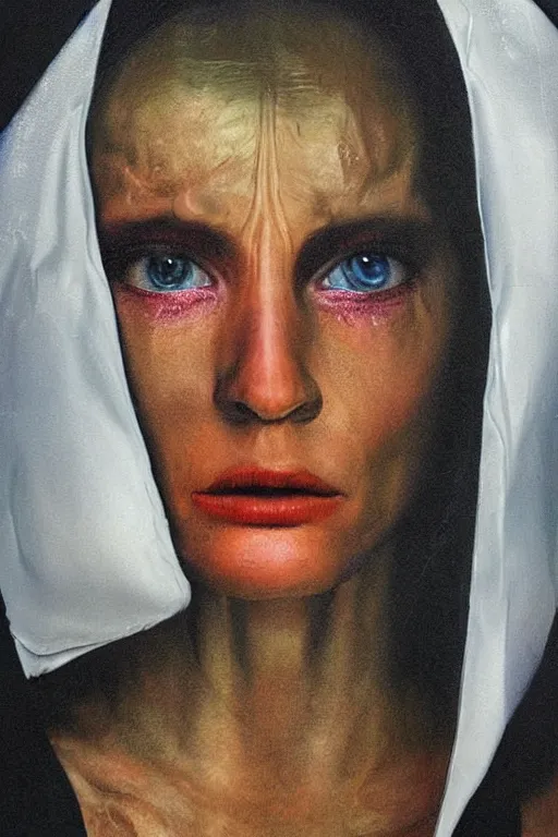 Image similar to hyperrealism oil painting mixed with 8 0 s sci - fi art, complete darkness background, close - up face portrait from above, nun fashion model, lost her faith