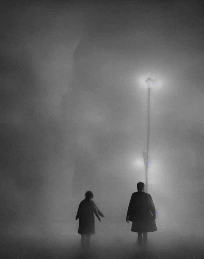 Image similar to very low - resolution found footage of a couple escaping in the city from a starfish kaiju monster, fog, foggy, korean film noir, monochrome, red hue, thriller, underdeveloped, epic, dramatic