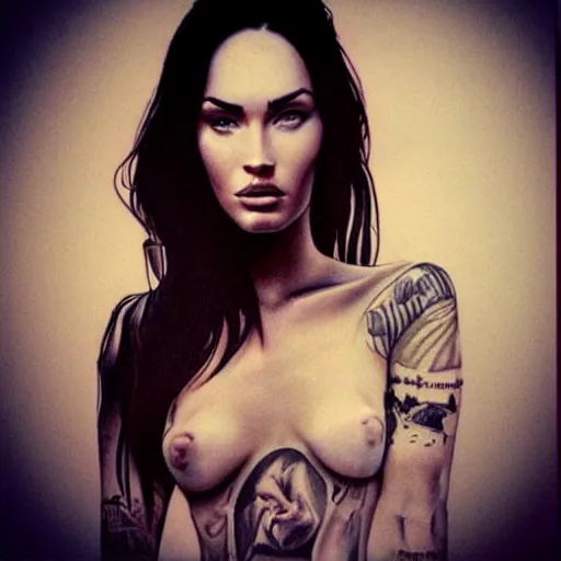 Image similar to realism tattoo sketch of double exposure megan fox with beautiful mountain scenery, in the style of andrey lukovnikov