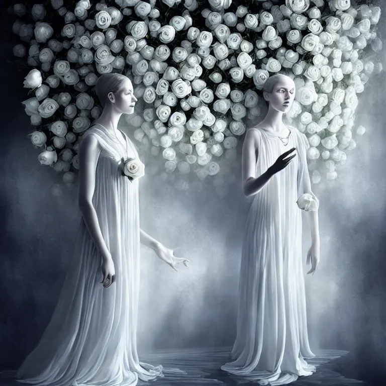 Image similar to professional digital art of wonderful symmetrical goddess with a majestic semi transparent white roses cotton dress, atmospheric light, dramatic lighting, cinematic, painted, intricate, detailed, foreboding, by art by meredit frampton and gregory crewdson, epic, stunning, gorgeous, much wow, cinematic, masterpiece.