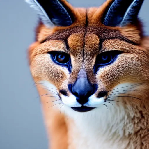 Image similar to a photo of cute fluffy caracal wearing white jumpsuit, close up portrait, studio photography, 8 k