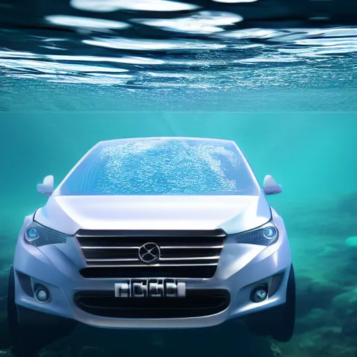 Image similar to hyperrealistic photo of a car underwater, 4 k, 8 k, thin film, full shot