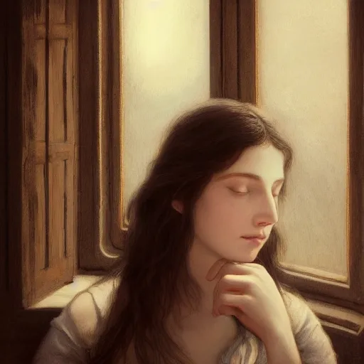 Image similar to A dreamy sleepy young woman with long dark hair, art by caspar gustave doré, highly detailed, oil painting, concept art, illustration, dim lighting with twilight rays of sunlight coming through the window with closed shutters, trending on artstation, very detailed, smooth, sharp focus, octane render