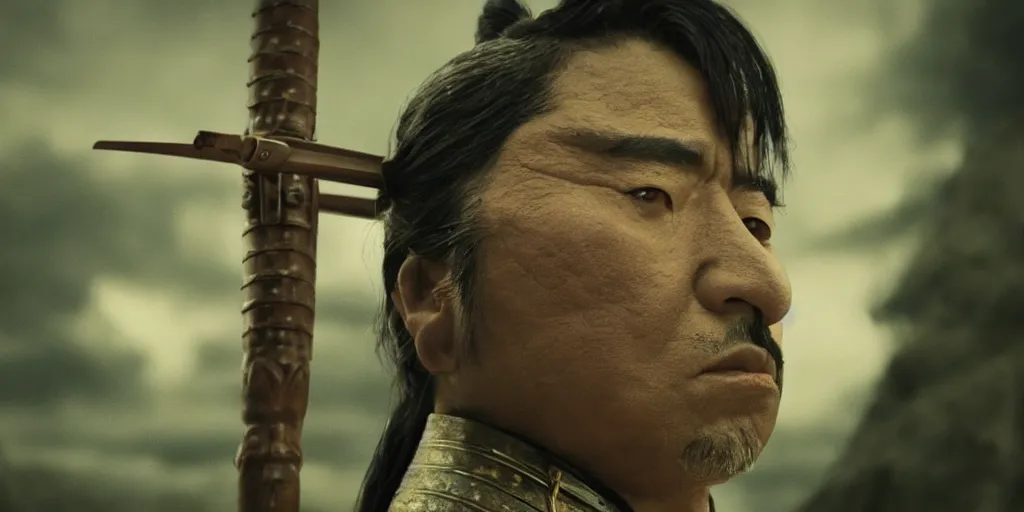 Image similar to a film still of guillermo francella starring as an ancient samurai in a japanese blockbuster film, shallow depth of field, cinematic, award winning cgi, vfx, film still