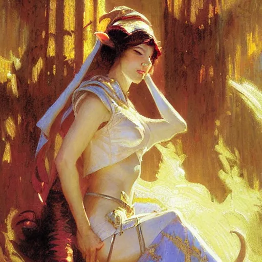 Image similar to female elf priestess, sunny, painting by gaston bussiere, craig mullins, j. c. leyendecker