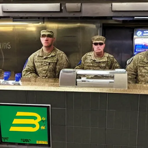 Image similar to FBI soldiers hiding behind a subway counter