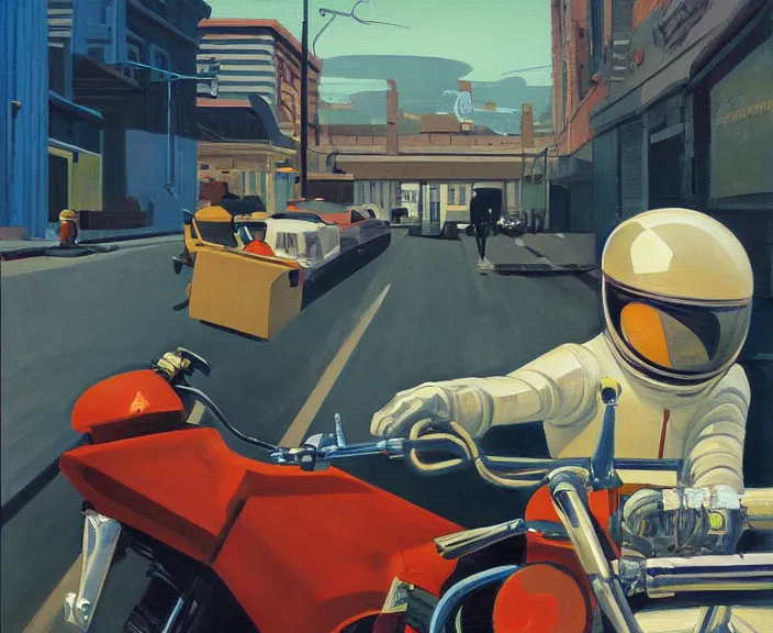 Image similar to a very detailed painting of a astronaut wearing a suit, riding a motorbike down a street, harley davidson motorbike, worm's - eye view, very fine brush strokes, very aesthetic, very futuristic, in the style of edward hopper and grant wood and syd mead, 4 k,