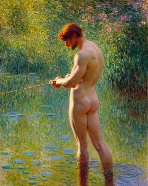 Image similar to attractive fisherman wading through a river, reflective water, painting by tom of finland, gaston bussiere, craig mullins, j. c. leyendecker, claude monet